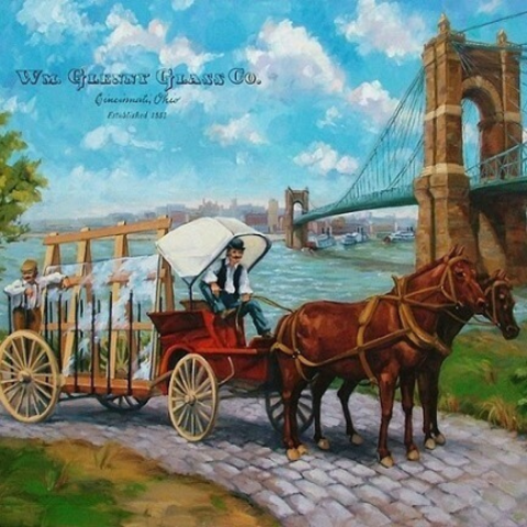 printed image of horse drawn carriage with load of glass in Cincinnati